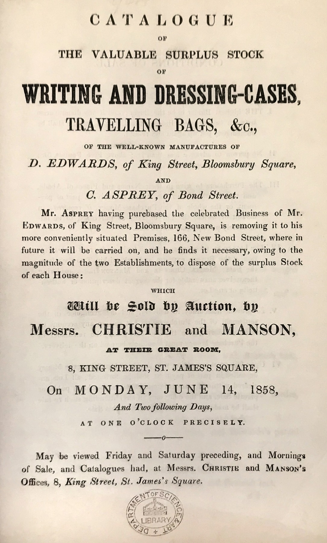 Auction catalogue for the sale of surplus Asprey and Edwards writing boxes, dressing cases and travelling bags.