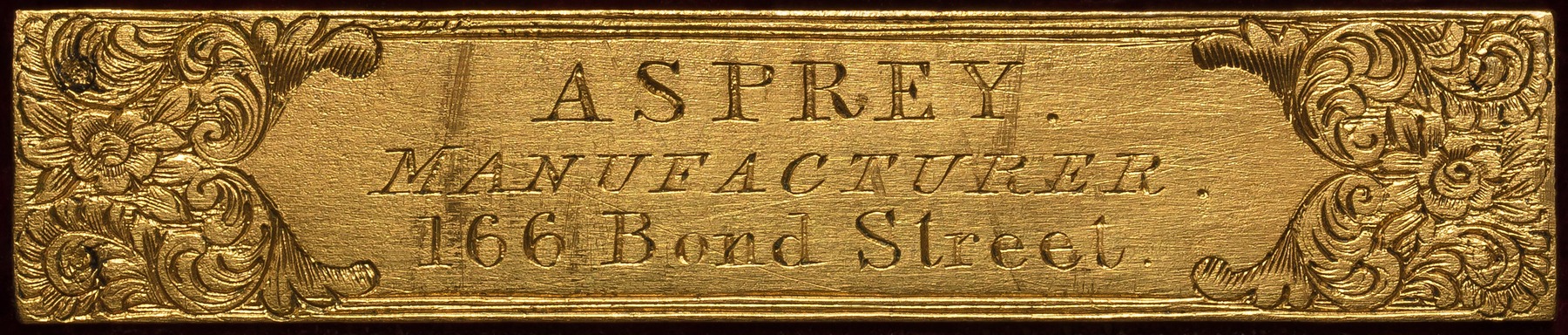 Engraved manufacturer’s plate belonging to the Asprey dressing case displayed at the Great Exhibition of 1851.