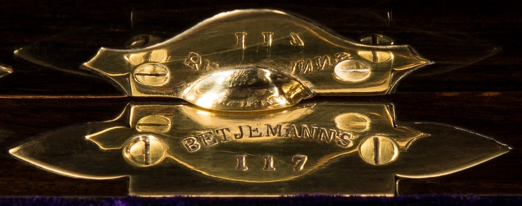 George Betjemann & Sons patent stamp plate from an Asprey antique jewellery box in coromandel with Betjemann Patent mechanism.