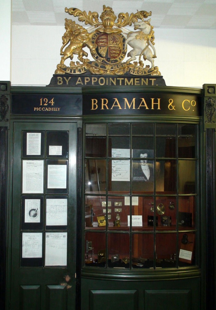 Recreation of Bramah’s shop front at 124 Picadilly, London, taken from the Science Museum in London. Note the absence of the ‘Challenge Lock’ in the window; this has now been moved to an alternative display case. Photo courtesy of Bramah.com/au