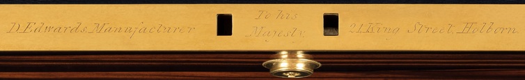 ‘D. Edwards. Manufacturer To His Majesty. 21 King Street. Holborn.’ engraved into brass from an antique jewellery box in calamander dating from 1822.
