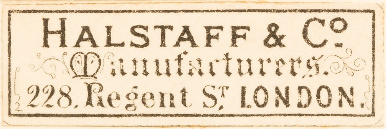 Manufacturer’s label for Halstaff & Co, 228 Regent Street, London from 1898.
