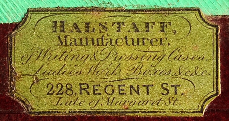Manufacturer’s label for William Halstaff, 228 Regent Street, London.