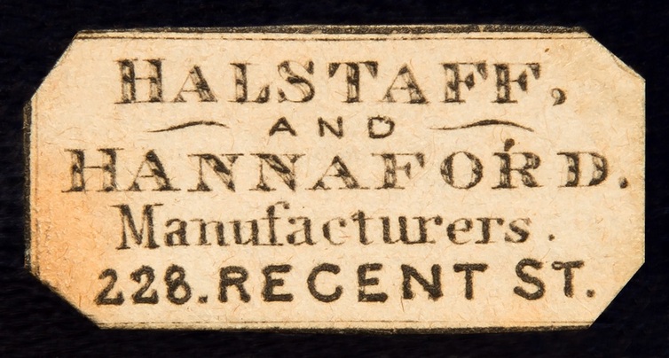 Manufacturer’s label for Halstaff & Hannaford, 228 Regent Street, London.