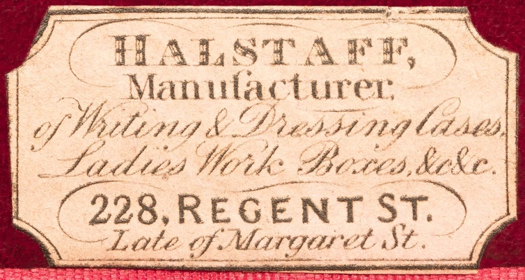 An 1842 manufacturer’s Label for William Halstaff, 228 Regent Street, London.
