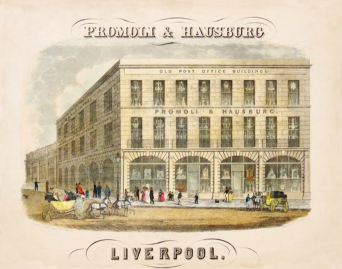 An illustration from 1840 of Promoli and Hausburg’s emporium at Old Post Office Buildings, 24 Church Street, Liverpool.