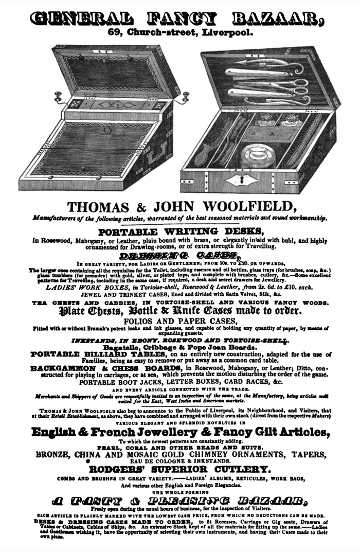 Thomas and John Woolfield advertisement from Pigot and Co’s National Commercial Directory for 1828–29.
