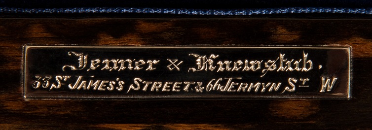 Jenner & Knewstub manufacturer’s plate from an antique coromandel dressing case with Betjemann Patent mechanism.