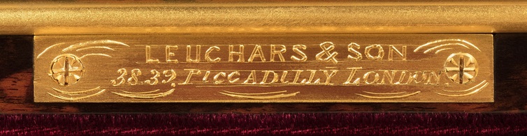 ‘Leuchars & Son. 38, 39. Piccadilly London.’ engraved gilt-brass manufacturer’s plate from a miniature antique jewellery box in coromandel.