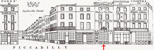 An illustration of Leuchars’ shop at 38 Piccadilly, London taken from ‘London Street Views 1838-1840’ by John Tallis.