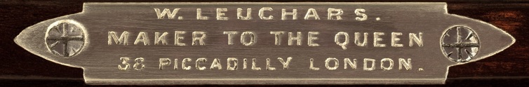 ‘W. Leuchars. Maker To The Queen – 38 Piccadilly London.’ engraved Nickel silver manufacturer’s plate from a large antique jewellery box in coromandel with countess’ coronet.