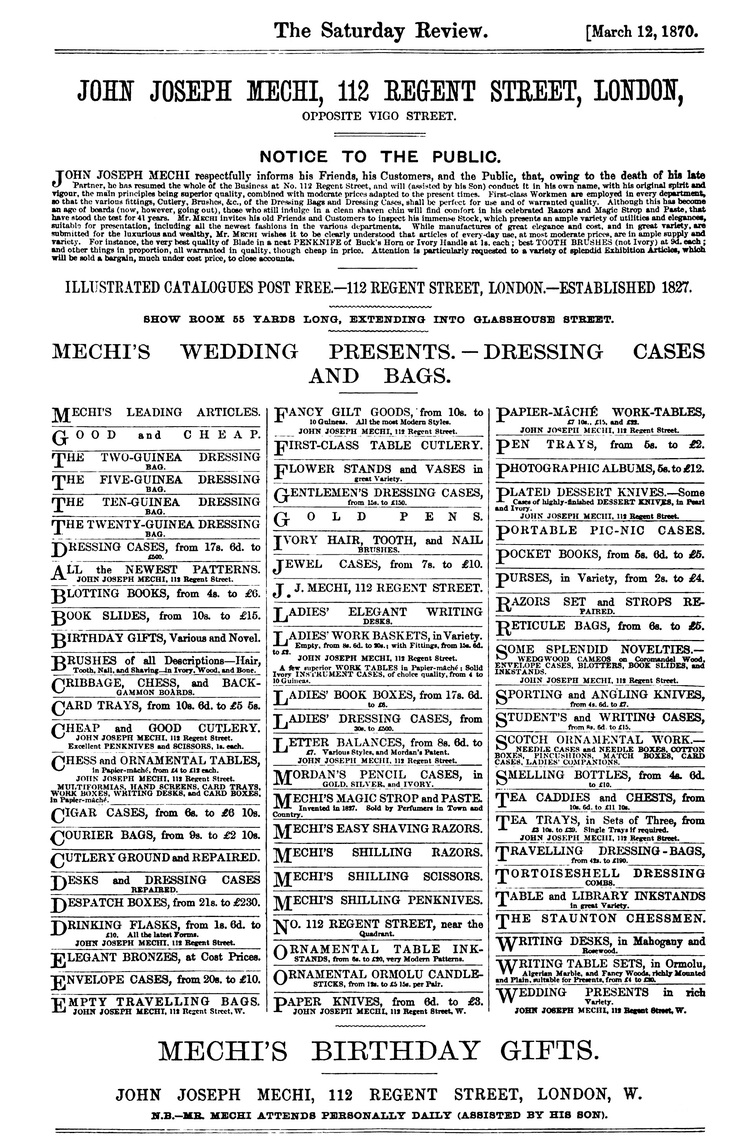 A Mechi advertisement taken from ‘The Saturday Review’ on March 12th 1870.