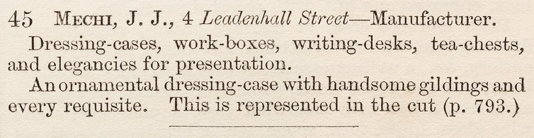 A description of Mechi’s ornamental dressing case taken from the ‘Official Descriptive And Illustrated Catalogue Of The Great Exhibition Of The Works Of Industry Of All Nations 1851’.