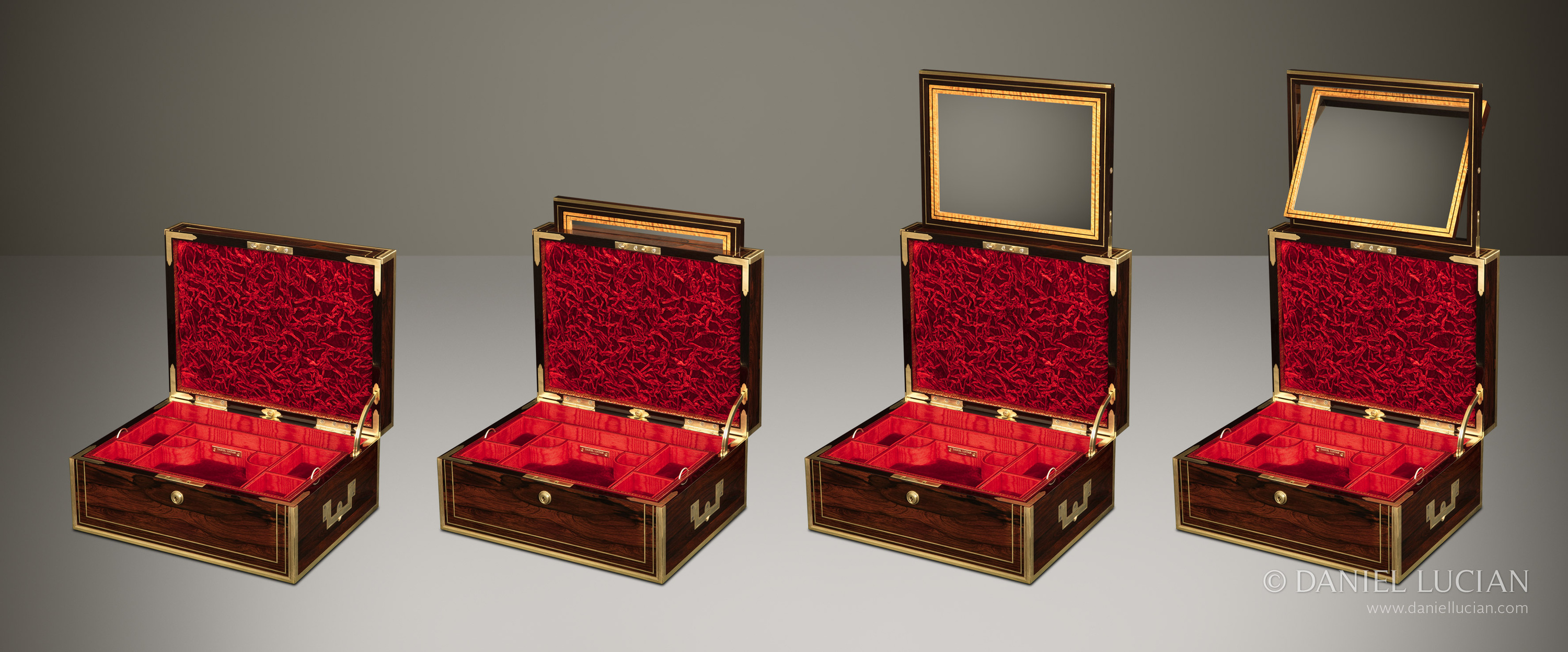 This box cleverly masks a very unusual and ingenious mechanism within; an interior push button deploys a concealed spring-loaded mirror from the exterior of the lid section. The rosewood and satinwood mirror frame can be raised fully into position then swivelled accordingly to gain the perfect viewing angle.