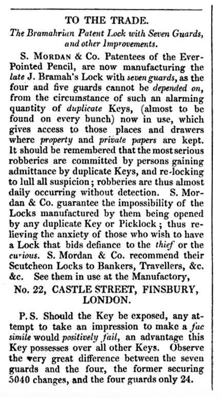 Advertisement for ‘The Bramahrian Patent Lock with Seven Guards and other Improvements’ by S. Mordan & Co. from 1830.