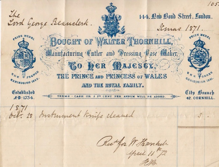An invoice from Walter Thornhill – 144 Bond Street, London.
