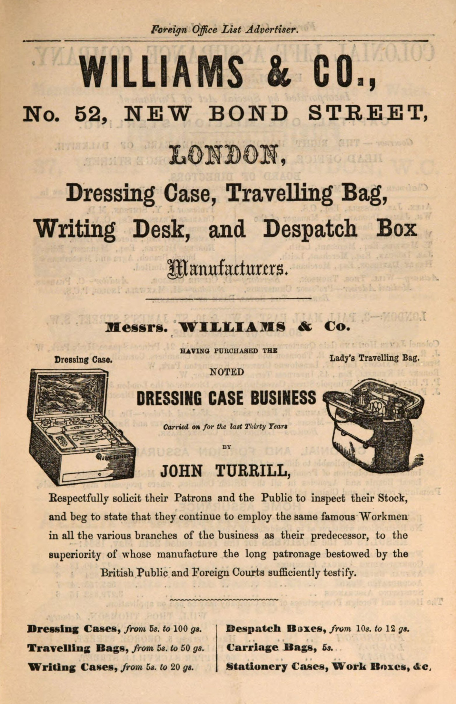 Advertisement for Williams & Co, successors to John Turrill.