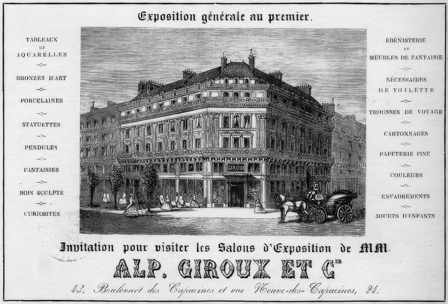 Alphonse Giroux & Cie invitation card depicting the firm’s exhibition galleries.