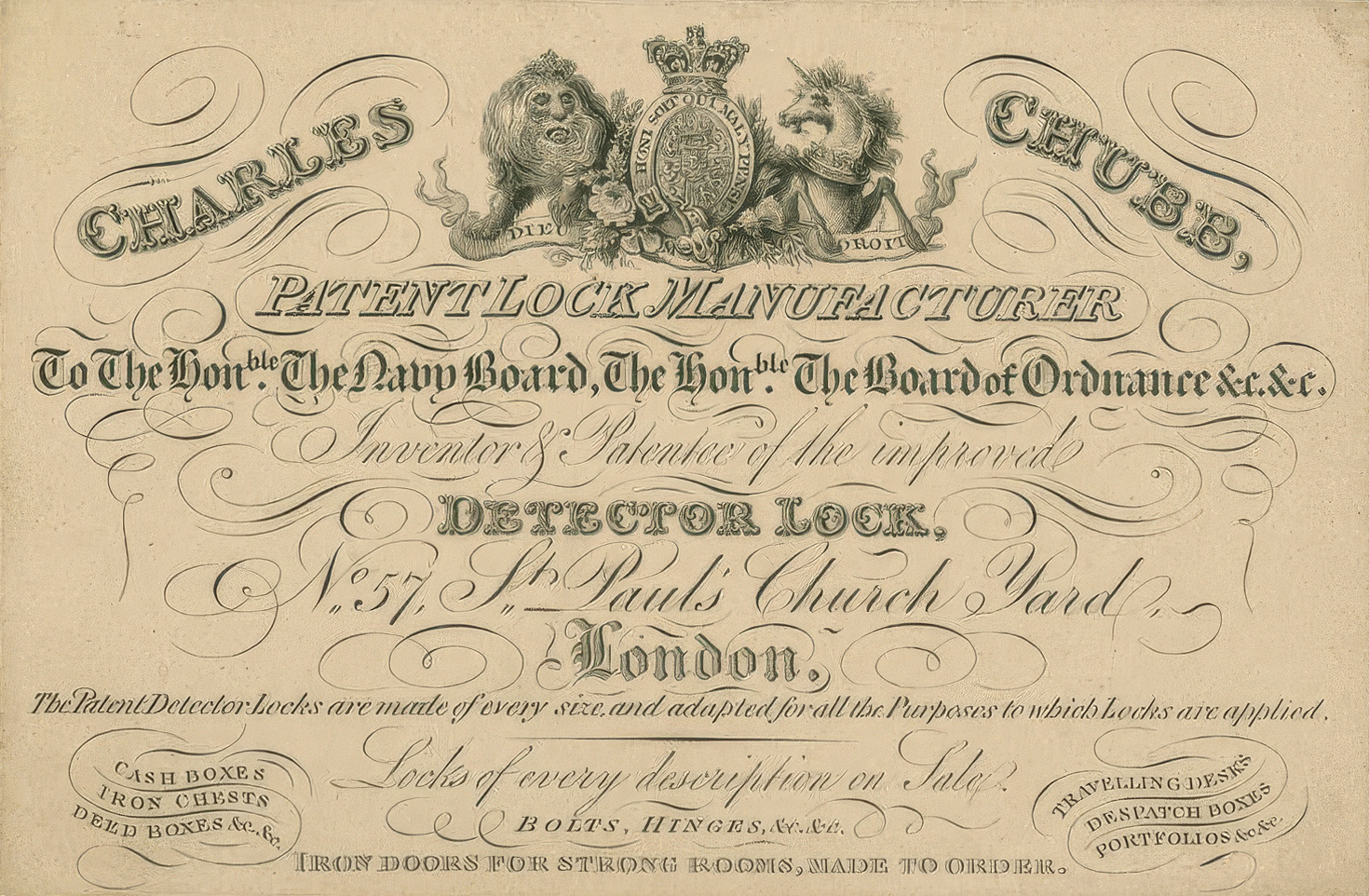 Charles Chubb trade card from c. 1830&ndash;1840.