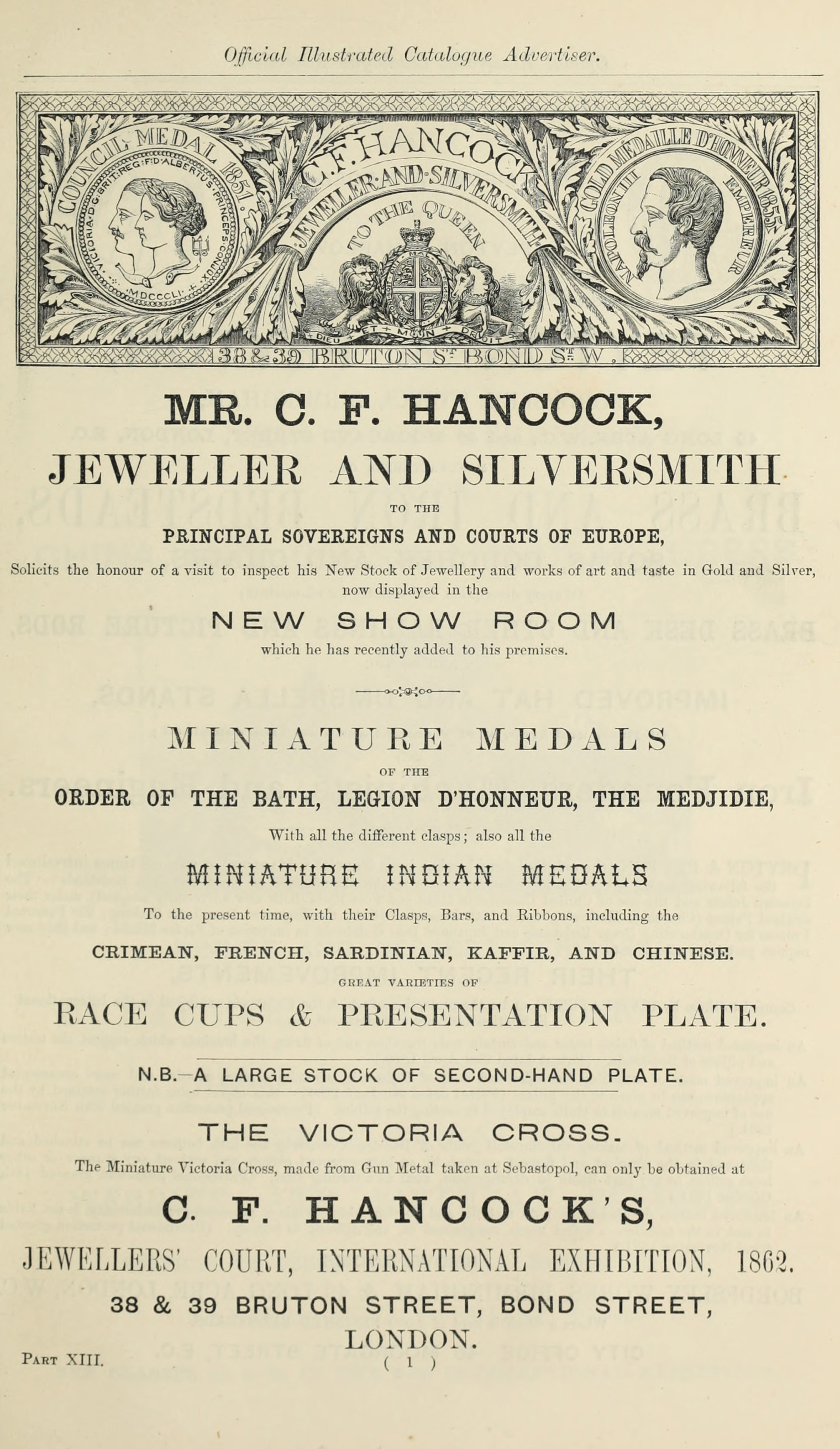 Charles Hancock advertisement from the Official Catalogue of the Great Exhibition 1862