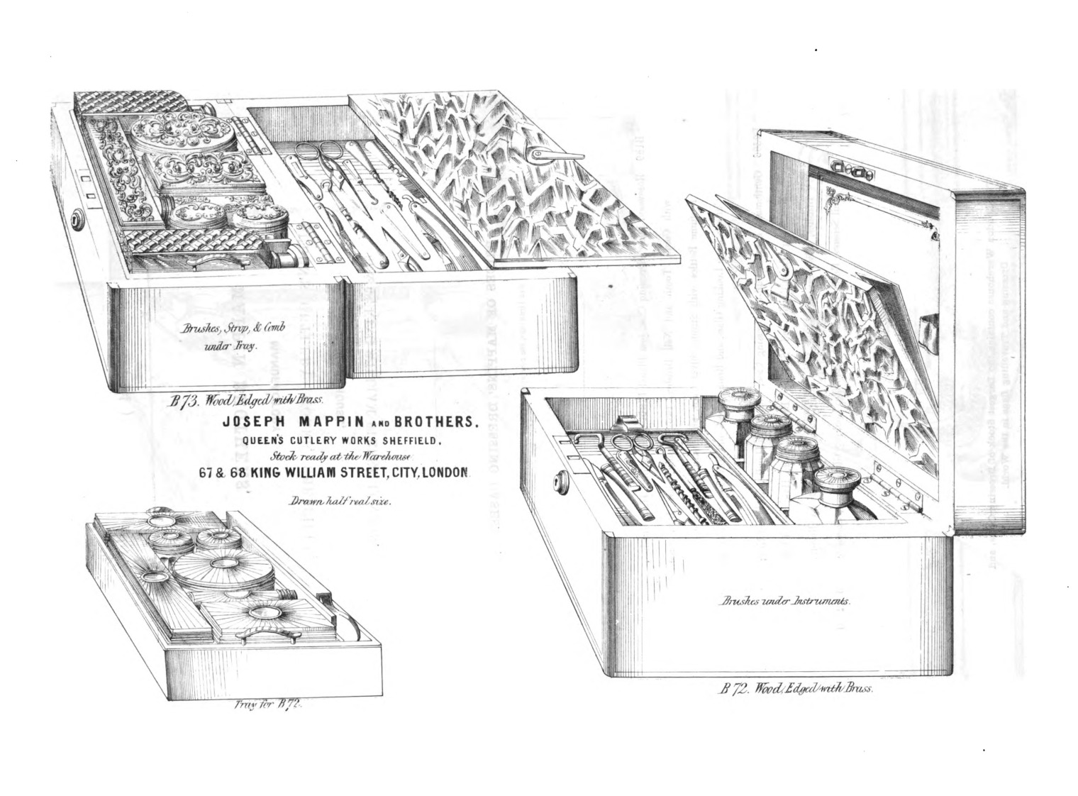 1860 Mappin Brothers catalogue illustrations of gentleman&rsquo;s coromandel dressing cases B72 and B73 with fitted interiors.
