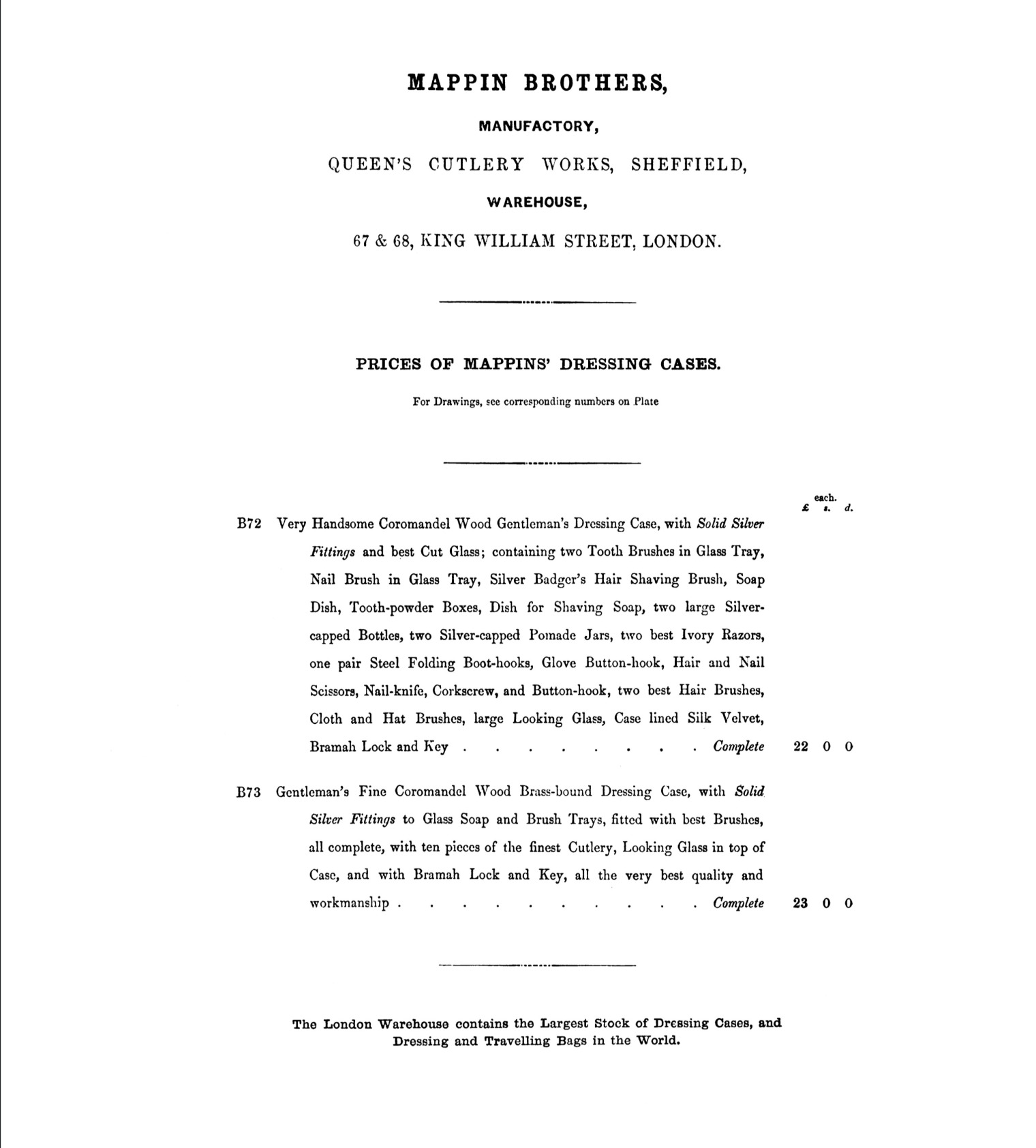 1860 Mappin Brothers catalogue page describing coromandel dressing cases B72 and B73, priced at &pound;22 and &pound;23.