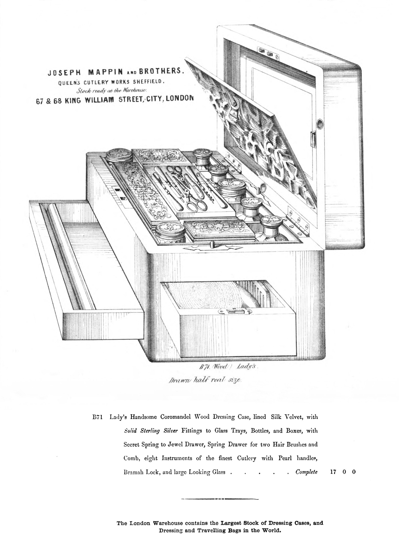 1860 Mappin Brothers catalogue illustration of B71, a lady&rsquo;s fitted coromandel dressing case with concealed drawers.