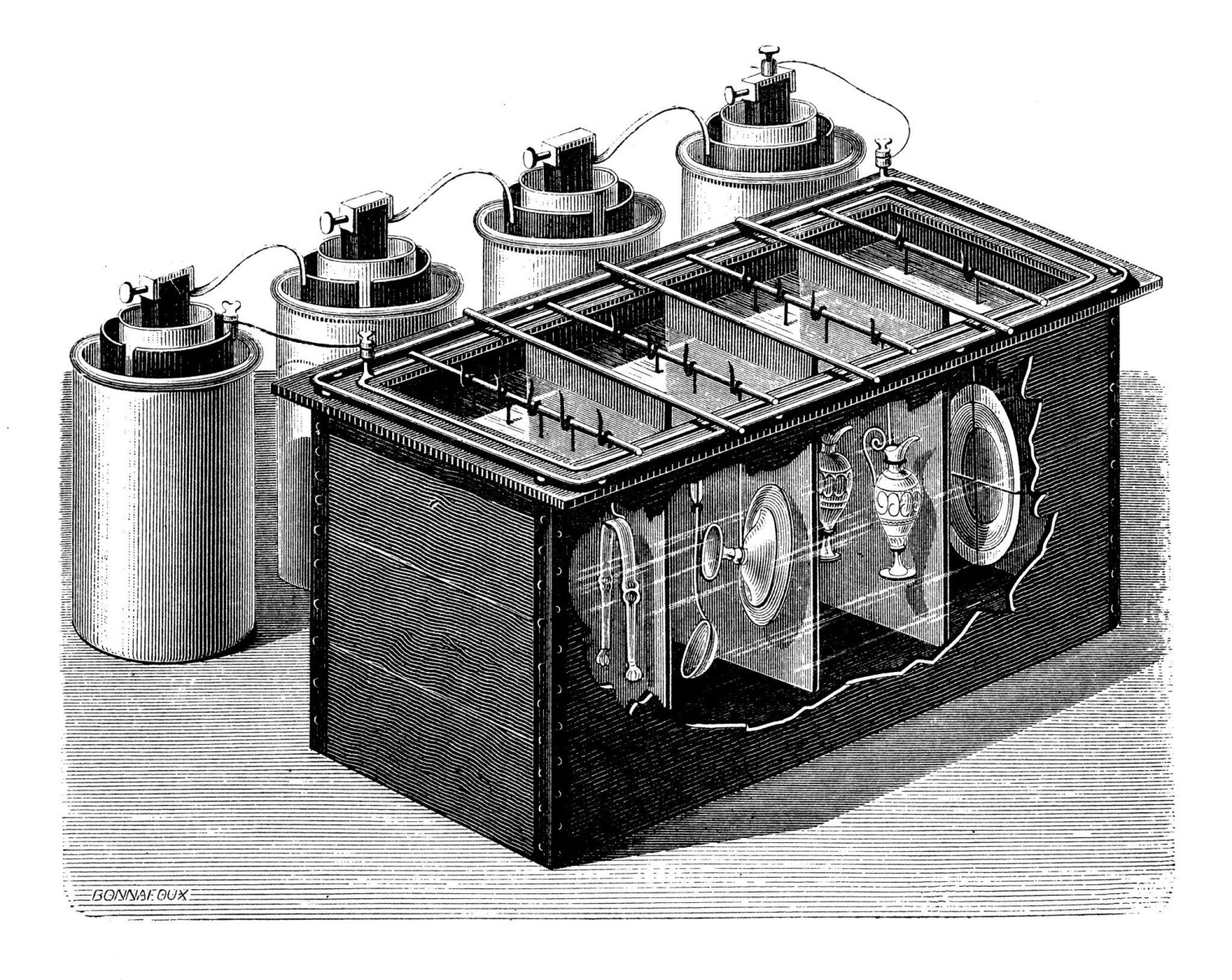 Nineteenth-century engraving of an electroplating bath for gilding with suspended metal objects connected to galvanic cells.