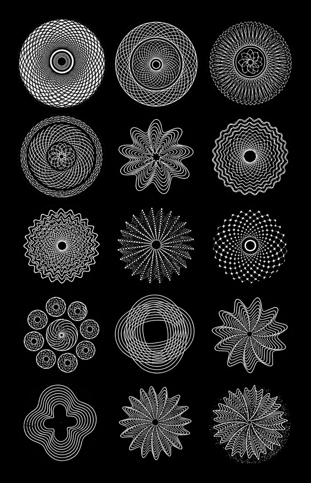 Examples of rose-engine patterns, showing the variety of geometric designs produced by different rosettes and lathe movements. From James Lukin, The Lathe & Its Uses, 1868.