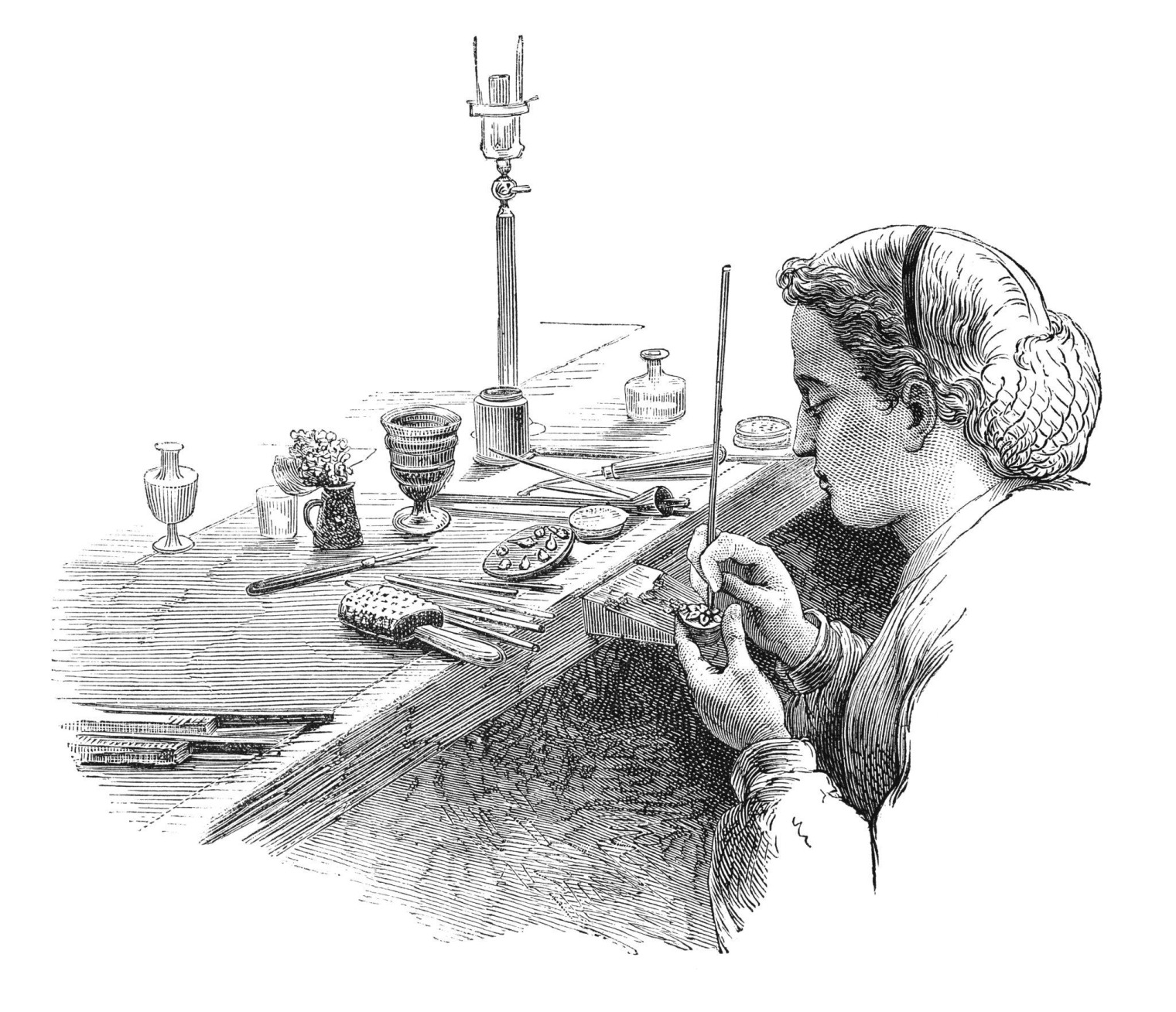 Victorian engraving of a woman seated at a workbench, carefully polishing a small piece of jewellery by hand.