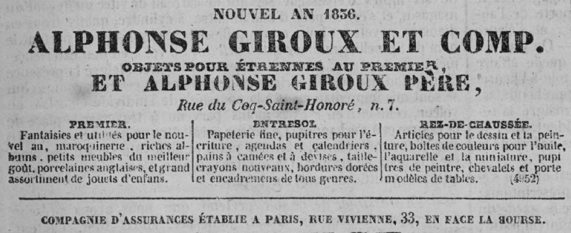 Alphonse Giroux et Comp. newspaper advertisement from the December 1835 Gazette des Tribunaux.