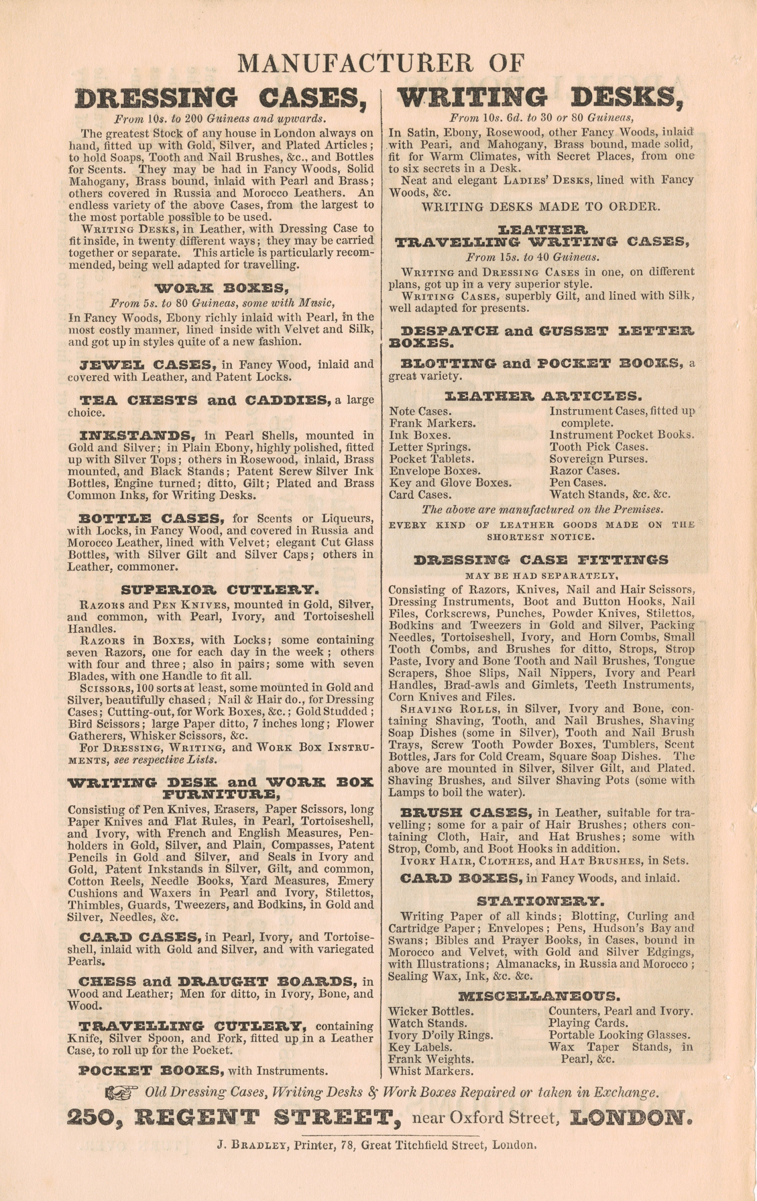 John Turrill trade advertisement from circa 1830-1840 - reverse side.