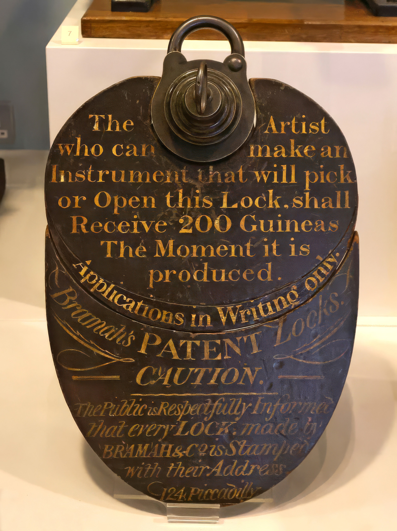 Bramah Challenge lock on display at the Science Museum.