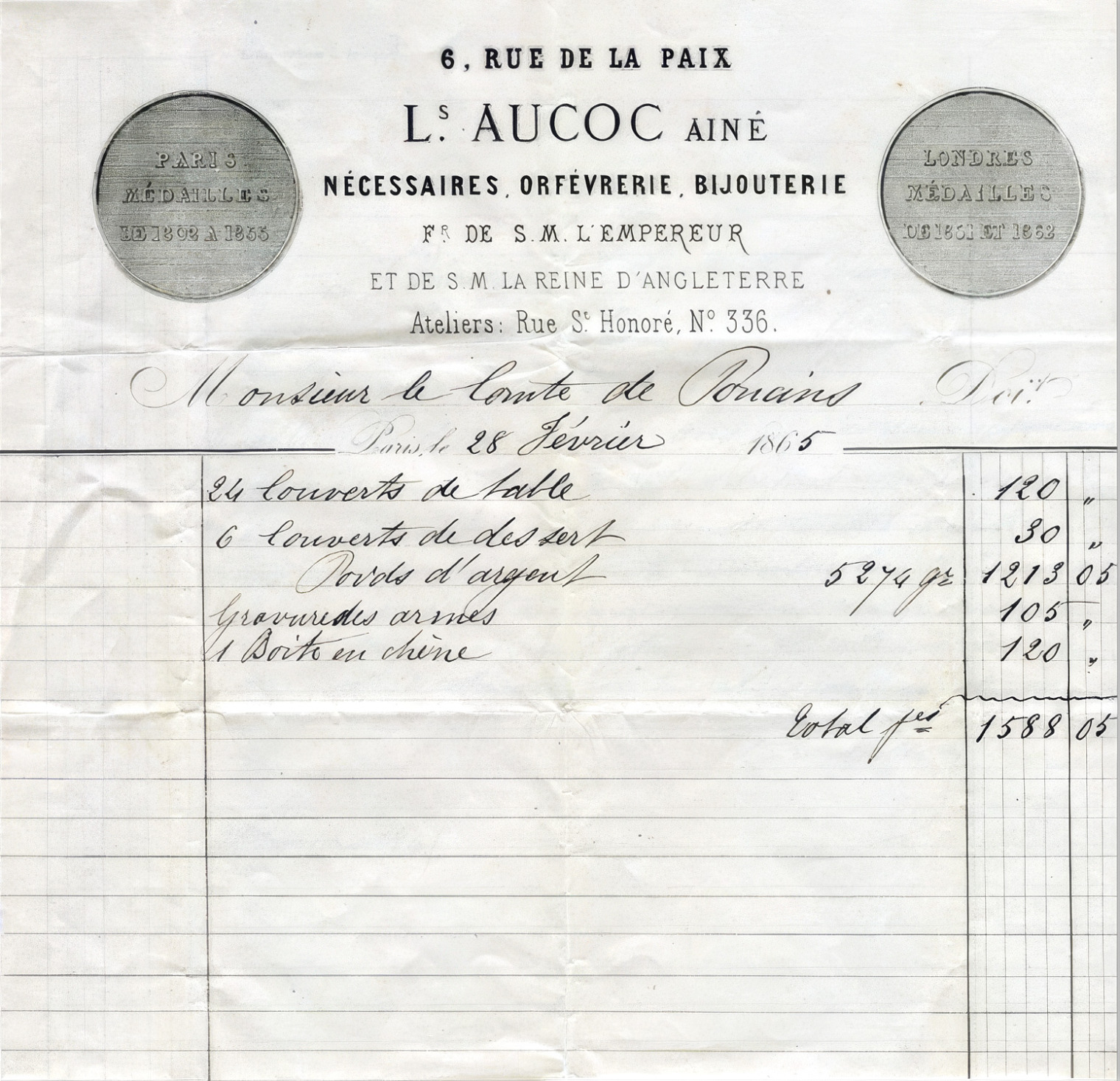 Louis Aucoc A&icirc;n&eacute; invoice dated 1865, headed 6 Rue de la Paix, Paris.