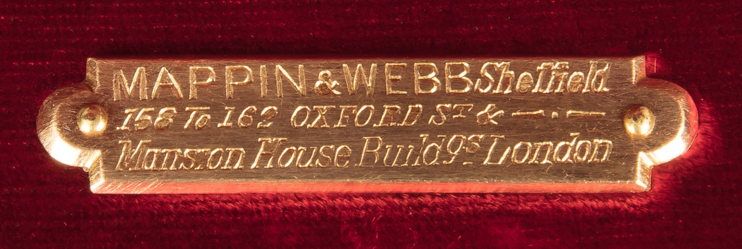 Engraved Mappin & Webb retailer&rsquo;s plate for 158&ndash;162 Oxford Street and Mansion House Buildings, London.