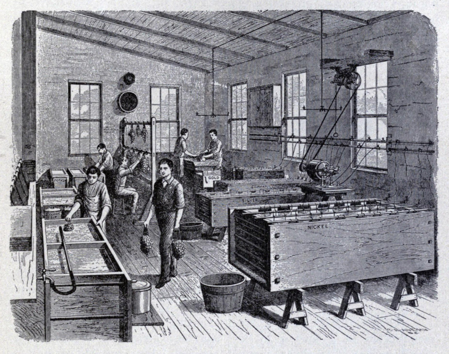 Electroplating workshop showing metal-plating baths, including a nickel-plating tank, connected to an electrical dynamo.