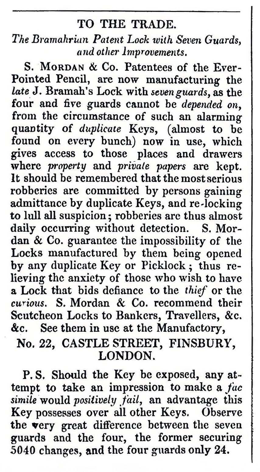 Sampson Mordan advertisement for the Bramahrian lock