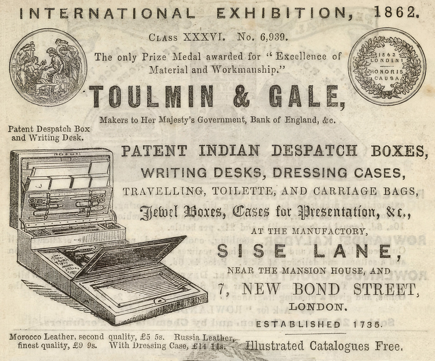 Toulmin & Gale newspaper advertisement for patent despatch boxes and dressing cases, referring to the International Exhibition of 1862.