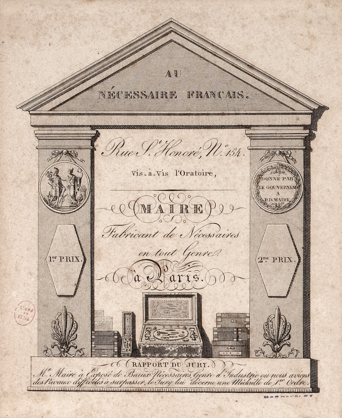 Trade card for Pierre-Dominique Maire&rsquo;s &lsquo;Au N&eacute;cessaire Fran&ccedil;ais&rsquo; at 154 Rue Saint-Honor&eacute;, Paris.